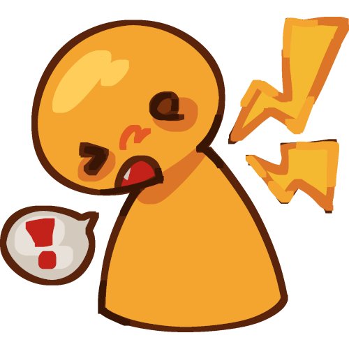 a yellow person with their neck bent to their left side. A speech bubbly with an exclamation point in in their left side